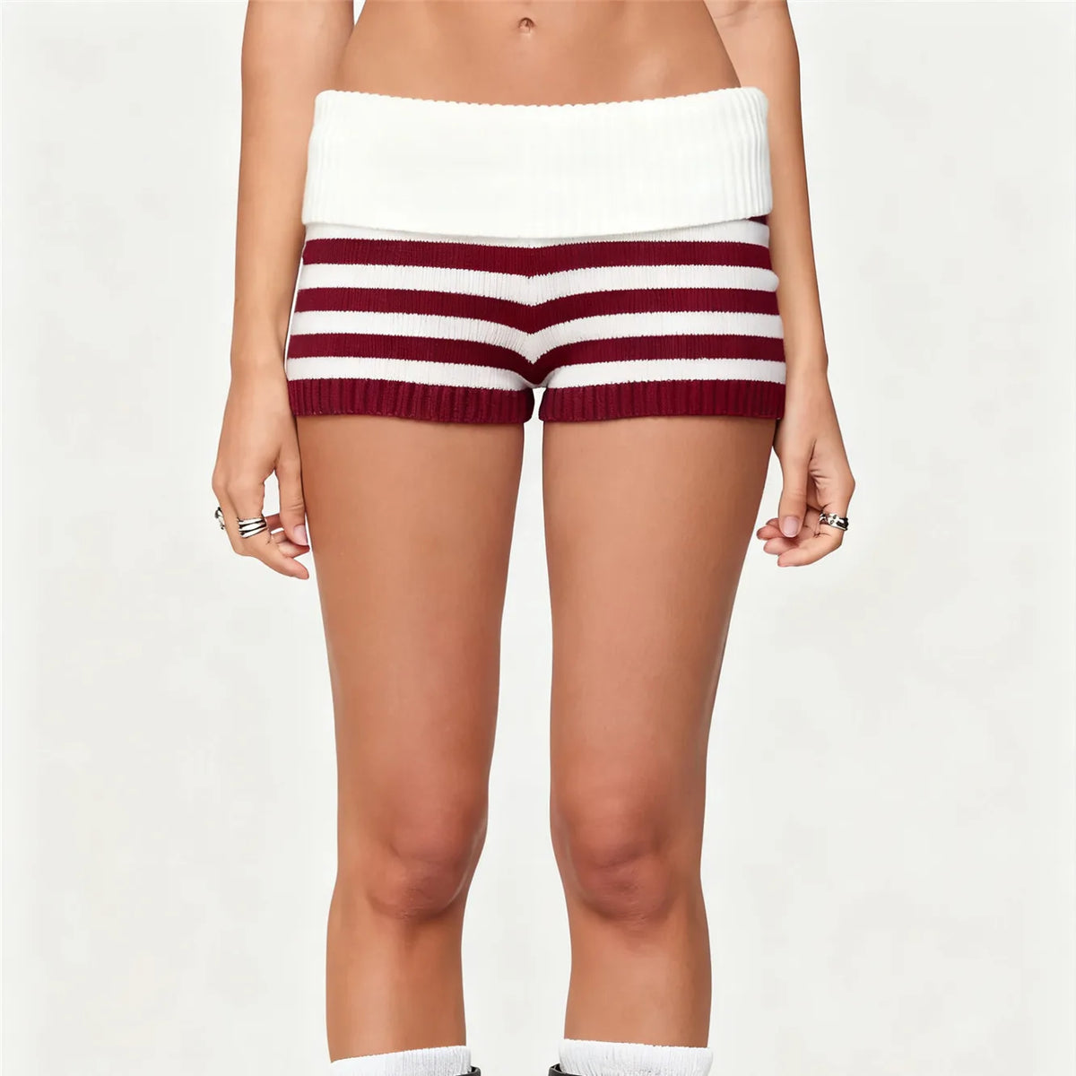 Pantalones cortos de punto a rayas para mujer, de microfibra, para verano, con cintura elástica plegable, ajustados, tipo mini, Y2k, para estar en casa, pantalones cortos de punto, para vacaciones en la playa