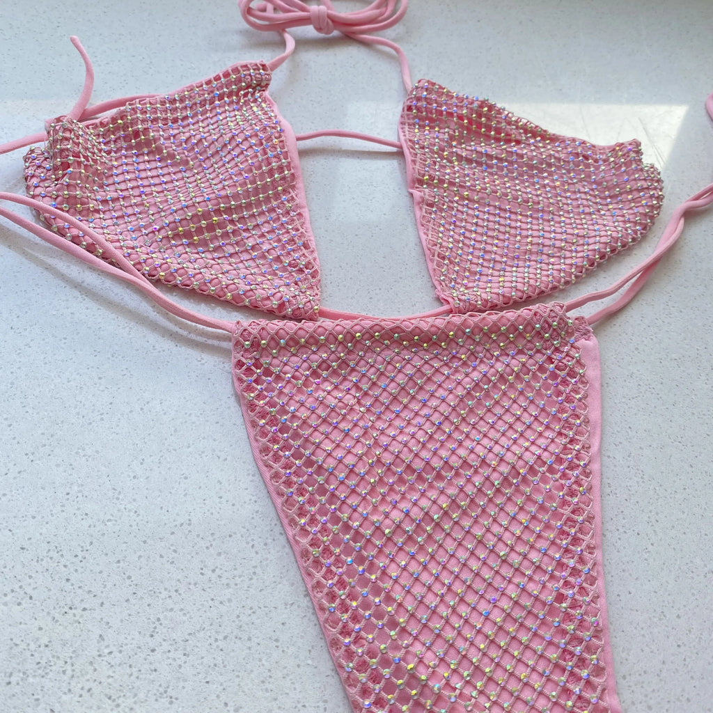 Conjunto de bikini sexy para mujer Traje de baño de lujo con pedrería brillante plateada Cristales y diamantes Traje de baño Halter Push Up Vendaje Ropa de playa
