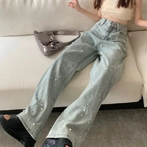 Jeans de mujer de cintura alta rectos azules con perlas bordadas, pantalones vaqueros de primavera otoño, diseño chic de ropa urbana, jeans holgados para mujer, ropa de mujer