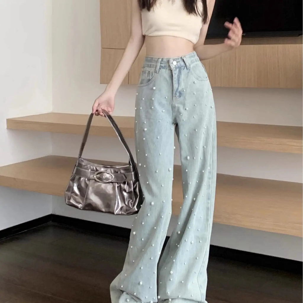 Jeans de mujer de cintura alta rectos azules con perlas bordadas, pantalones vaqueros de primavera otoño, diseño chic de ropa urbana, jeans holgados para mujer, ropa de mujer