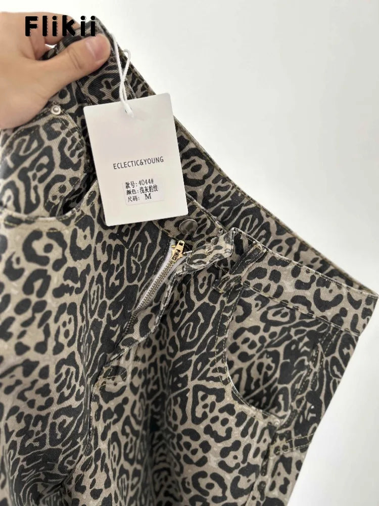 Pantalones vaqueros americanos vintage de leopardo de cintura alta para mujer, informales, años 2000, holgados, Y2K, pierna ancha, grunge, de calle, de mezclilla lavada