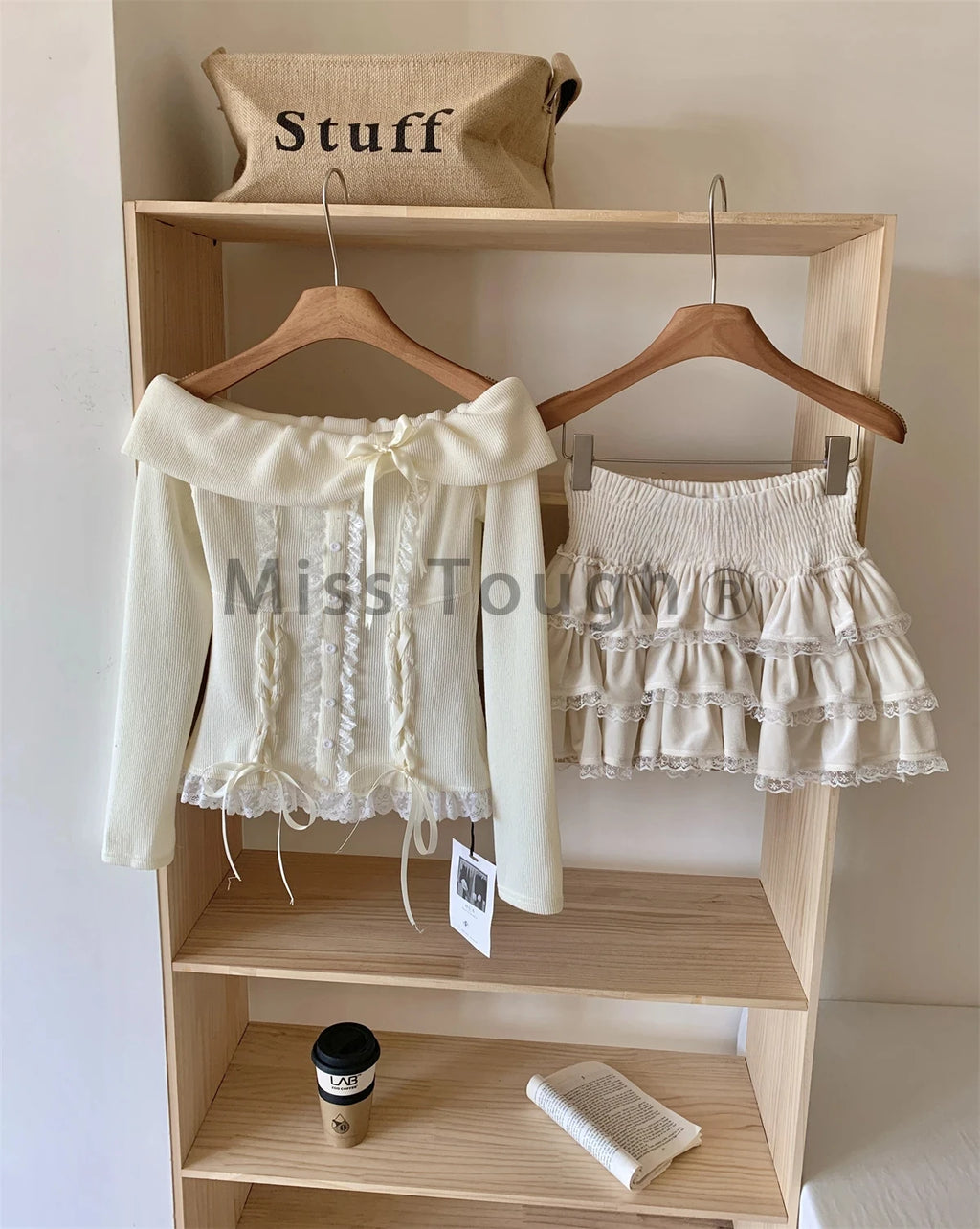 Conjunto de 2 piezas de invierno de punto japonés Kawaii Y2k para mujer, falda elegante de encaje, retro, traje de falda chic, tops + minifalda de pastel 2025