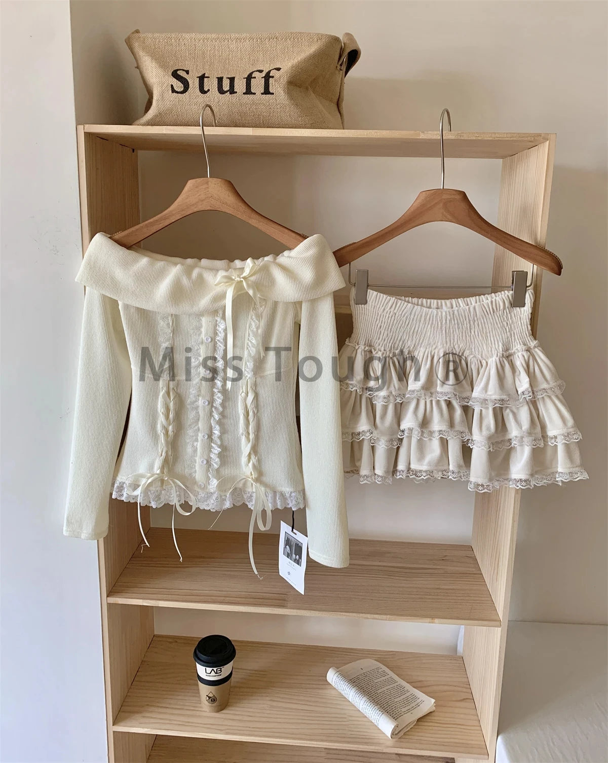 Conjunto de 2 piezas de invierno de punto japonés Kawaii Y2k para mujer, falda elegante de encaje, retro, traje de falda chic, tops + minifalda de pastel 2025