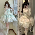 Vestido Lolita Elegante Dulce Estampado de Frutas Kawaii Vestido de Princesa de Manga Corta para Mujer Lindo Lazo Cuello Peter Pan Vestido de Fiesta para Chicas Atrevidas