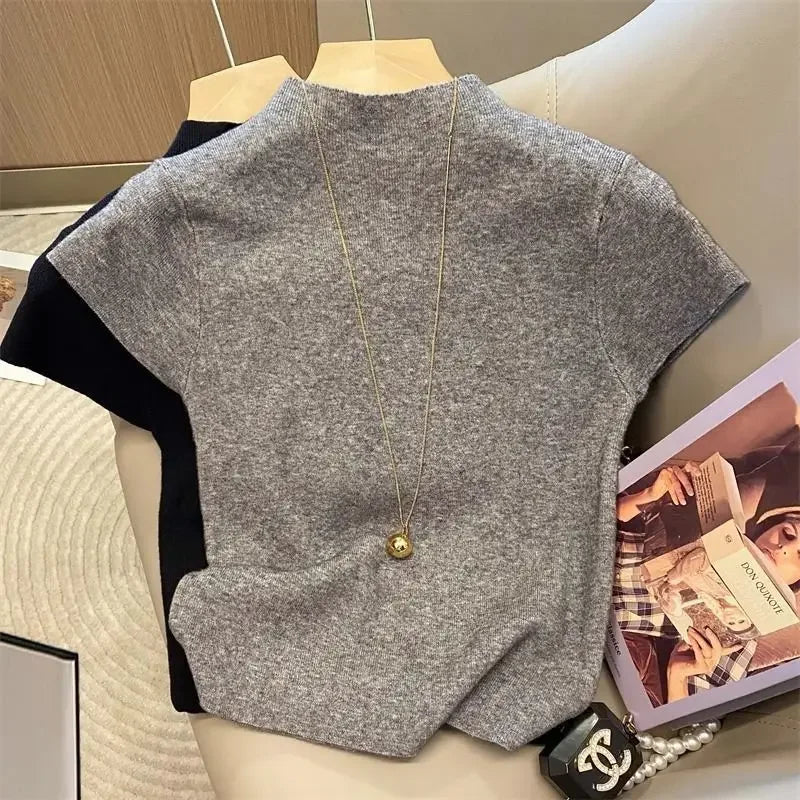 Jersey Básico de Cuello Alto Delgado Sólido Verano 2026 Pulóver Tejido de Manga Corta Ajustado para Mujer