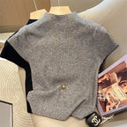 Jersey Básico de Cuello Alto Delgado Sólido Verano 2026 Pulóver Tejido de Manga Corta Ajustado para Mujer