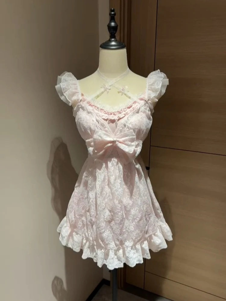 Lace Blouse Bow Sling Dress Two-Piece Set