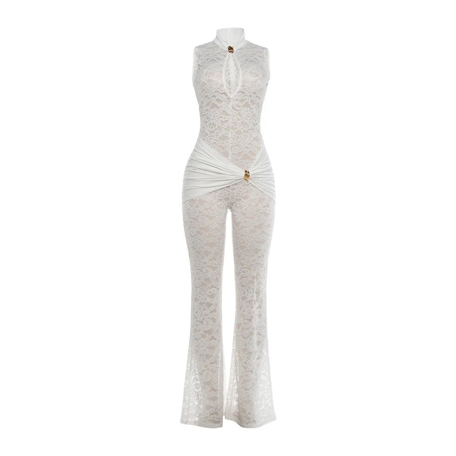 Metal Knot Patchwork Jacquard Ruched Waist Stretch Skinny Jumpsuit