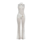 Metal Knot Patchwork Jacquard Ruched Waist Stretch Skinny Jumpsuit