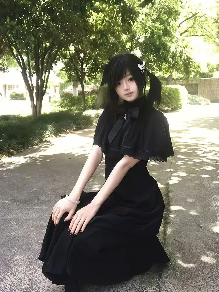 Gótico 2025 Verano Vestido de Encaje Delgado Mujer High Street Vintage Lazo Fino Vestidos Negros Mujer Diseño de Moda Nuevos Conjuntos Lisos