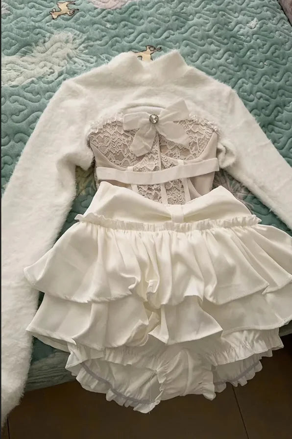 Crop Pullover + Lace Bow Vest + Ruffled Mini Cake Skirt Set