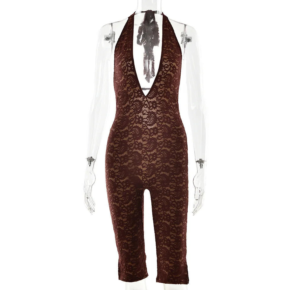 Lace Seven-Point Long Pants Bodycon Romper