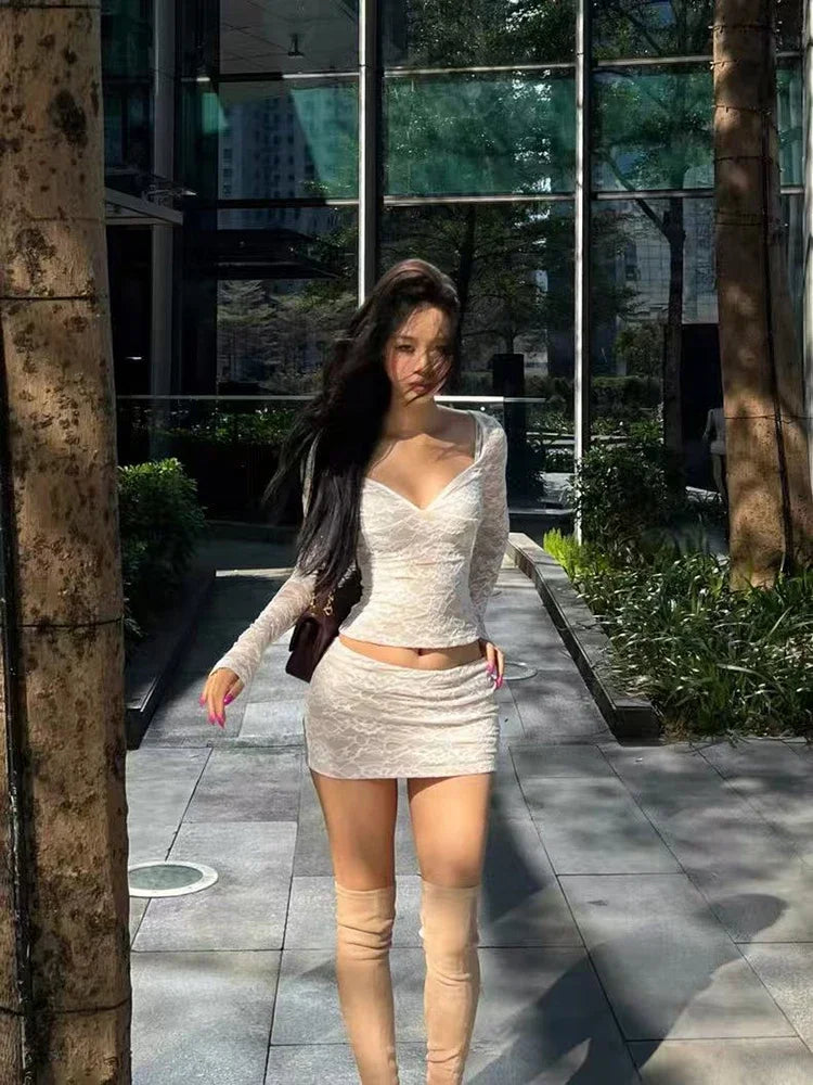 V Neck Long Sleeve Crop Top + Low Waist Mini Skirt Set