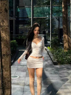 V Neck Long Sleeve Crop Top + Low Waist Mini Skirt Set