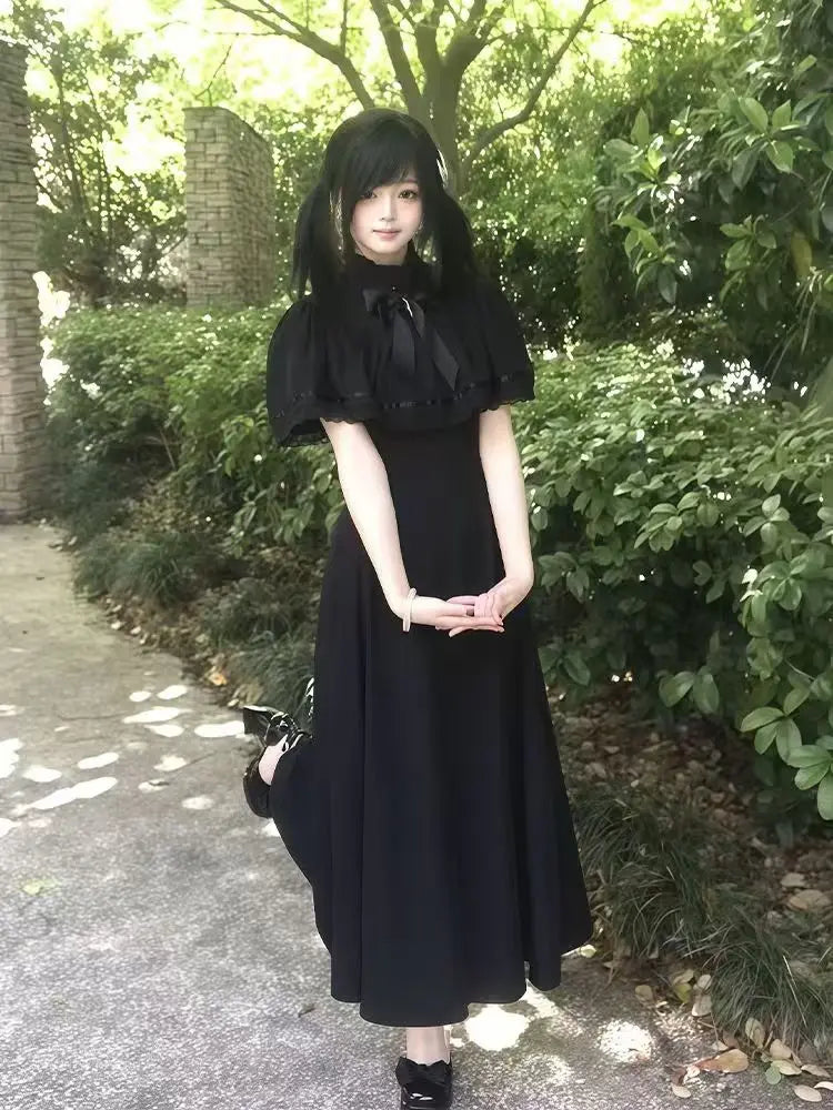 Gótico 2025 Verano Vestido de Encaje Delgado Mujer High Street Vintage Lazo Fino Vestidos Negros Mujer Diseño de Moda Nuevos Conjuntos Lisos
