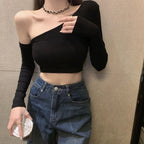 Irregular Off-shoulder Long Sleeve T-shirt