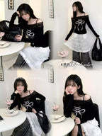 Lace Trim Off-the-Shoulder Bow Tie Straps Slim-Fitting Long-Sleeve Base Layer Top
