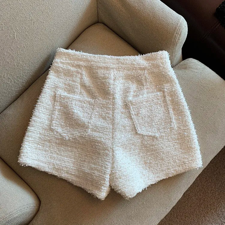 High Waisted Coarse Tweed Wide Leg Woolen Shorts