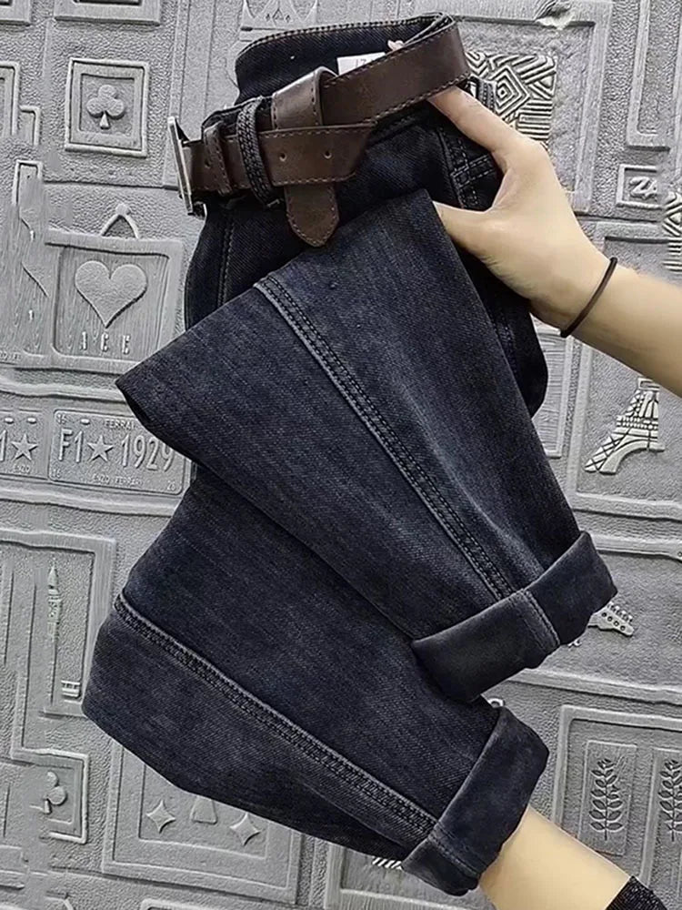 Otoño Invierno Jeans Rectos de Cintura Alta para Mujer, Pantalones Vaqueros Haren Elásticos de Ajuste Holgado, Pantalones Vaqueros Vintage Hasta el Tobillo para Mujer 5XL