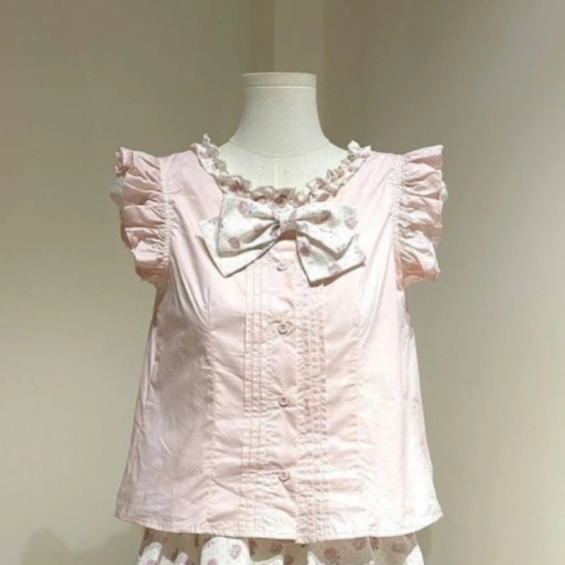 Sweet Ruffle Lace Puff Sleeve Top + Cake Skirt Set