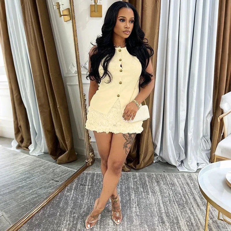 Sleeveless Single-Breasted Top and Floral Mini Skirt Set