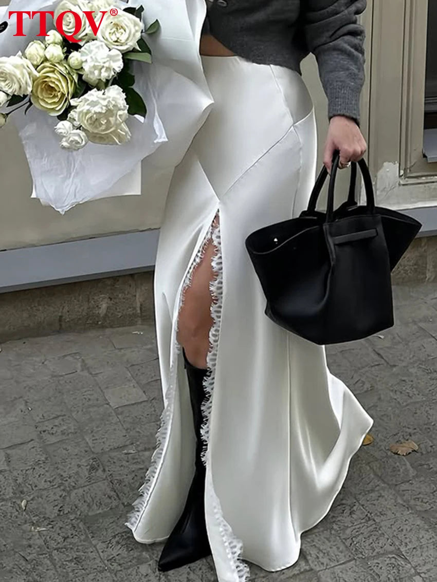 Falda suelta de satén blanco para mujer TTQV Fashion 2026, falda larga sexy de cintura alta, falda clásica elegante con abertura, ropa de mujer