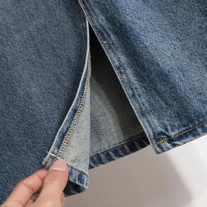 Primavera/Verano 2026Nueva falda vaquera con cordón en la cintura elástica y abertura, de talle alto, estilo retro y corte A informal para mujer