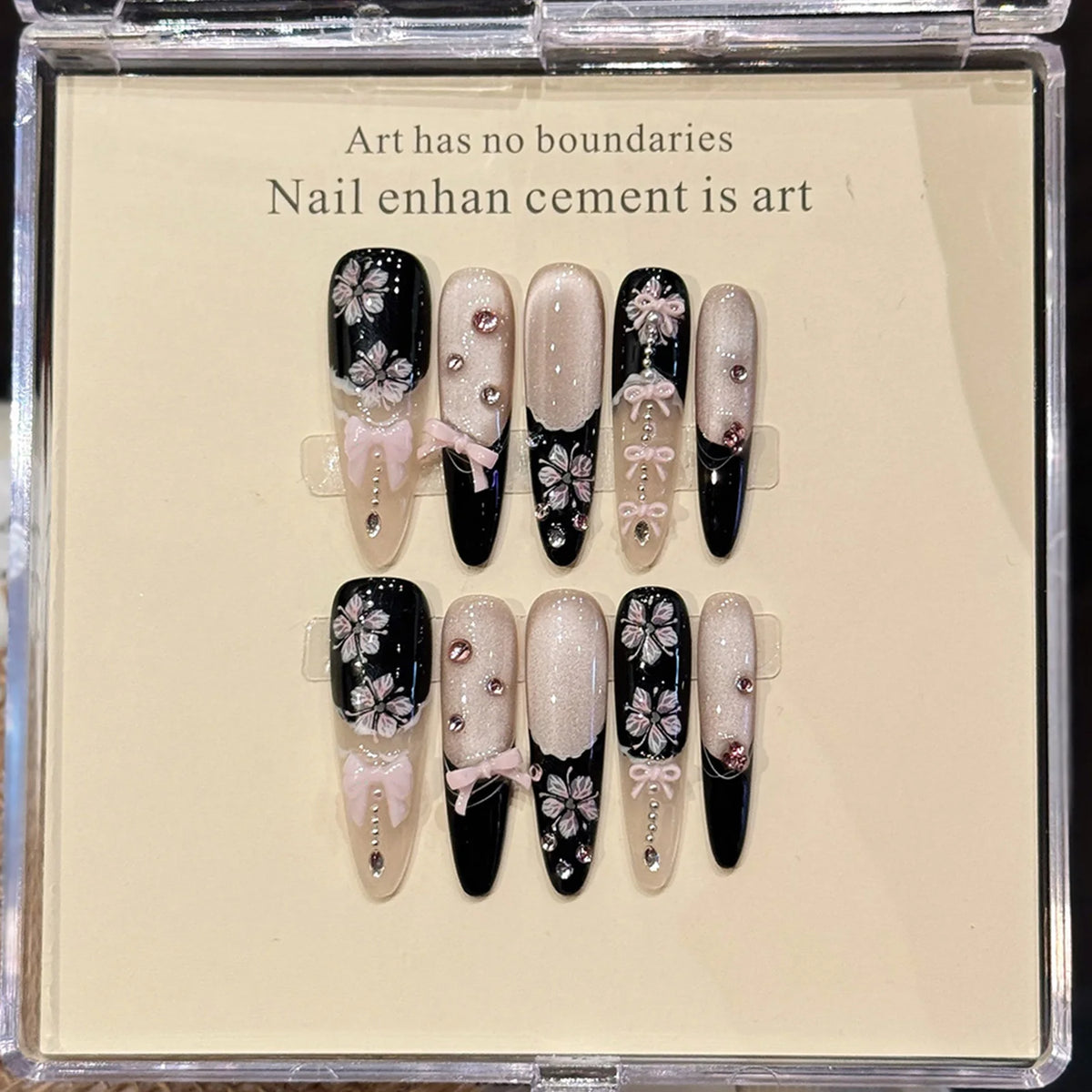10pcs French Cat Eye Pink Bow Handmade Press on Nails