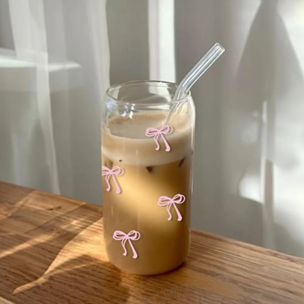1/2pcs Pink Bow Glass Cup with Bamboo Wood Lid and Straw