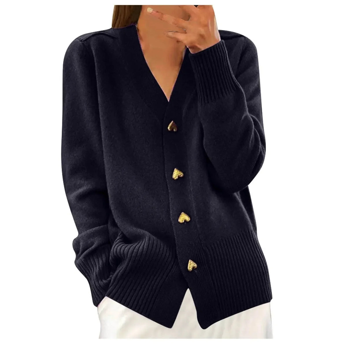 V Neck Love Button Down Plain Yarn Buttoned Cardigan