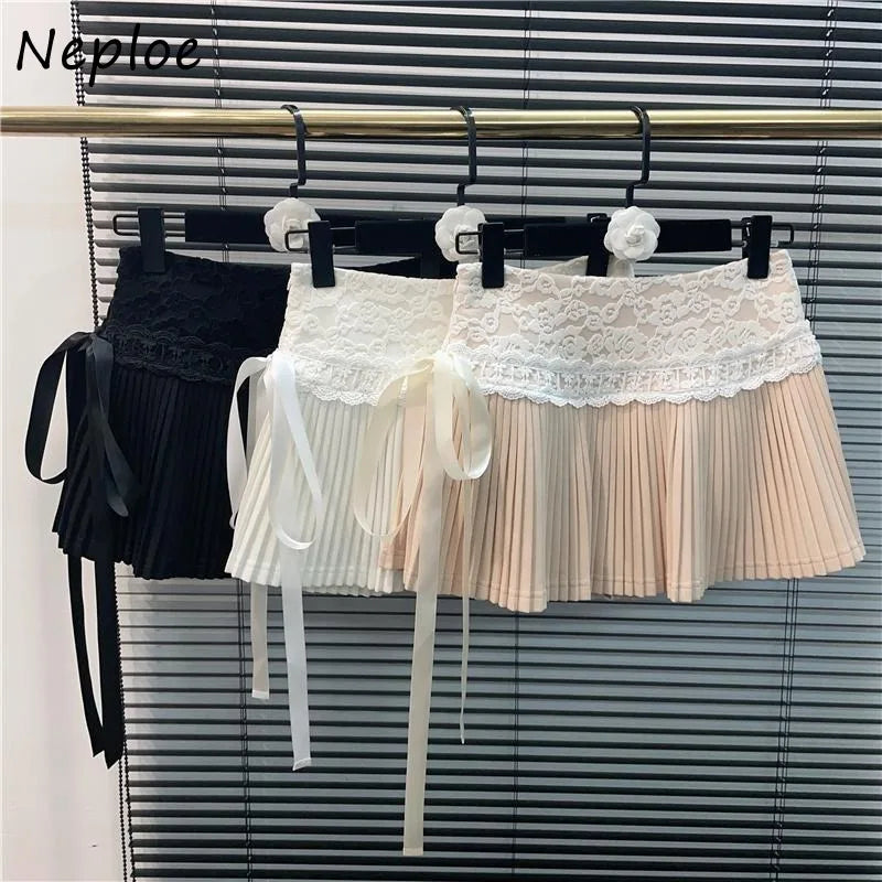 Neploe 2026 Verano Nueva Falda Rosa para Mujer Y2k Cintura Alta Lazo Cordón Faldas Moda Versátil Fruncido Línea A Faldas Mujer