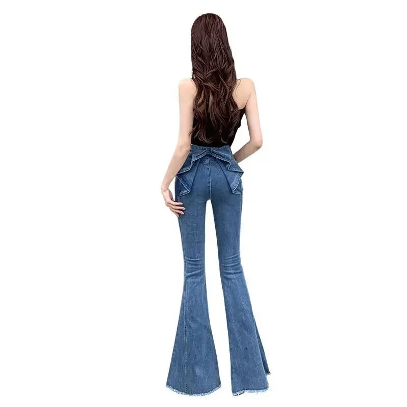 Pantalones vaqueros vintage de cintura alta Y2k con nudo de mariposa 3D para mujer, ropa de calle de primavera verano, pantalones vaqueros casuales, moda, pantalones acampanados ajustados