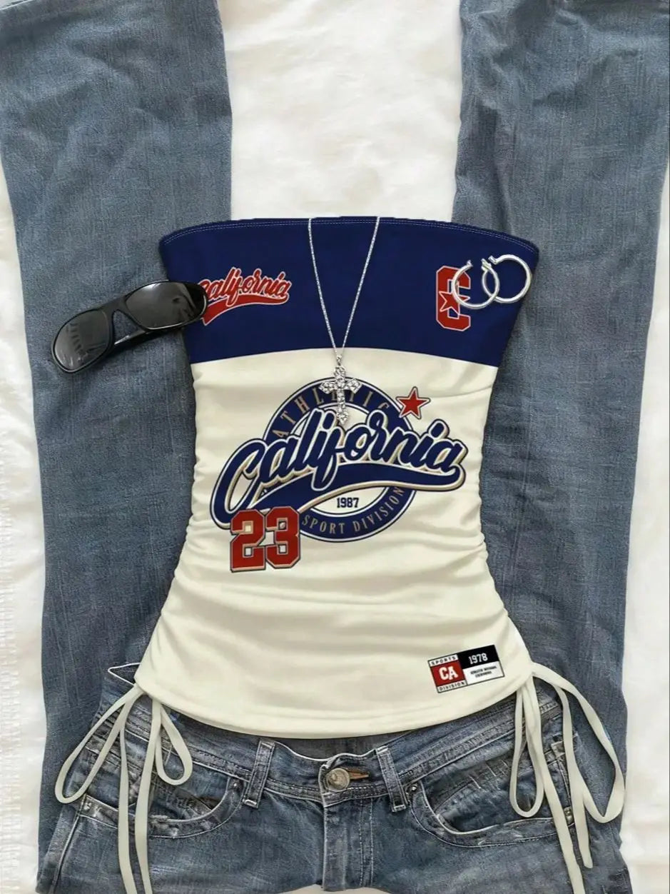 Top corto, top sin mangas con cordón ajustable en la parte delantera y diseño recortado para mujer, top veraniego con estampado deportivo y tirantes finos para un look moderno de resort