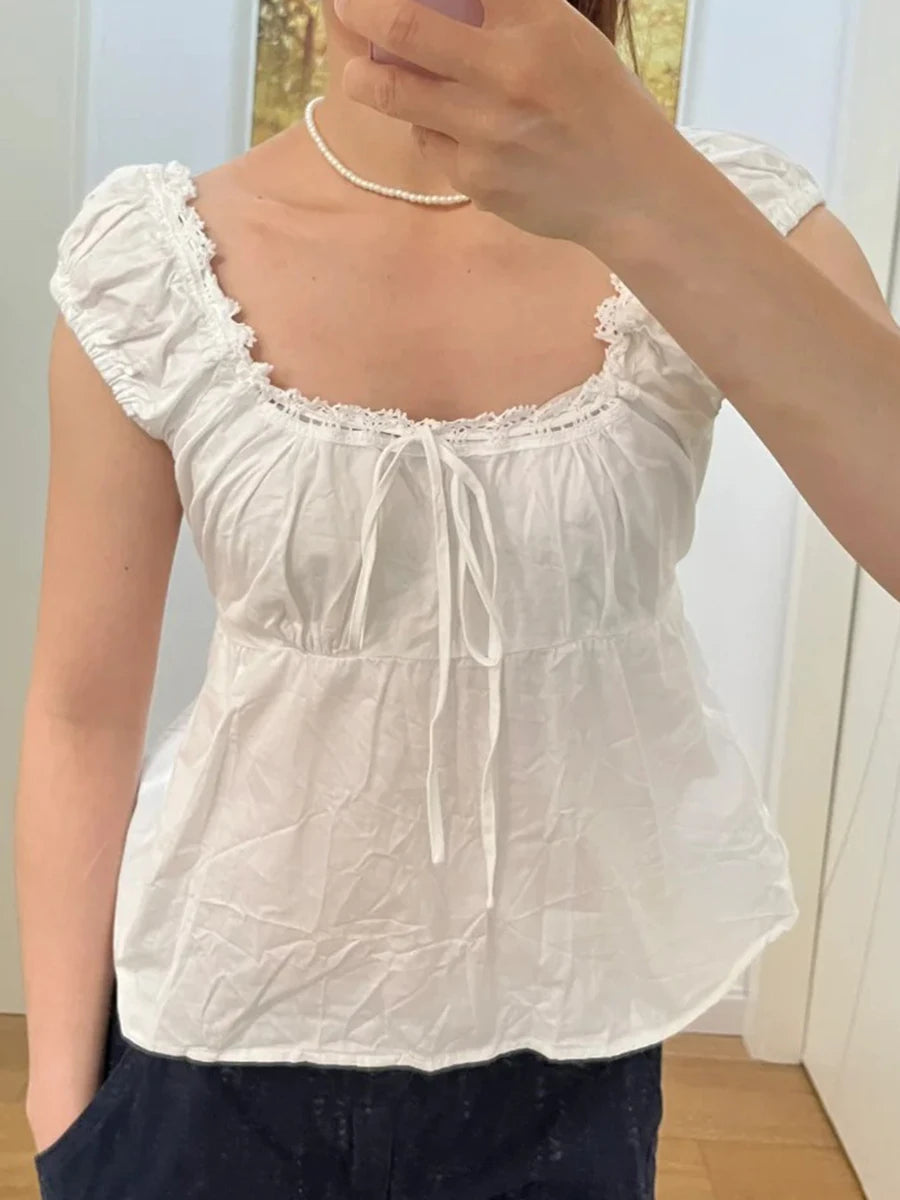 Camiseta Delgada de Cuadros Verdes Vintage para Mujer, Verano, Dulce, con Ribete de Encaje, Manga Corta, Algodón, Tops Casuales Retro Elegantes, Top Corto con Volantes