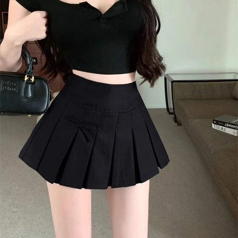 Falda plisada para mujer con lazo, minifalda coreana de moda, falda corta de cintura alta, ropa de calle para mujer, falda de baile, tenis, falda acampanada para mujer.