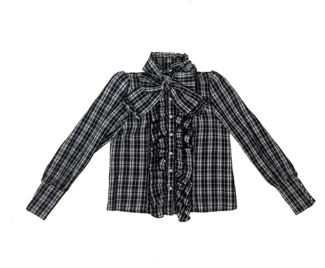 Plaid Long Sleeve Bow Shirt High Waist Skirt Set