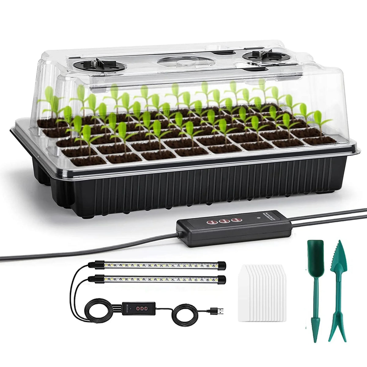 HTMCK 1 Set, Seed Starter Trays With 2 Long Strip Grow Lights, 40 Cells Seed Starter Kit With Humidity Dome For Home Gardene