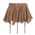 3-Piece Mocha Brown Lace Corset, Flare-Sleeve Tie-Front Shrug & Grommet Belt Tiered Mini Skirt Set