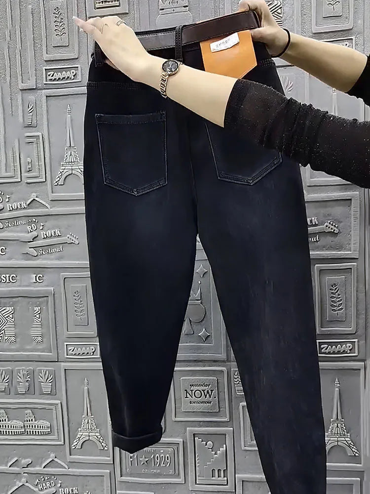 Otoño Invierno Jeans Rectos de Cintura Alta para Mujer, Pantalones Vaqueros Haren Elásticos de Ajuste Holgado, Pantalones Vaqueros Vintage Hasta el Tobillo para Mujer 5XL