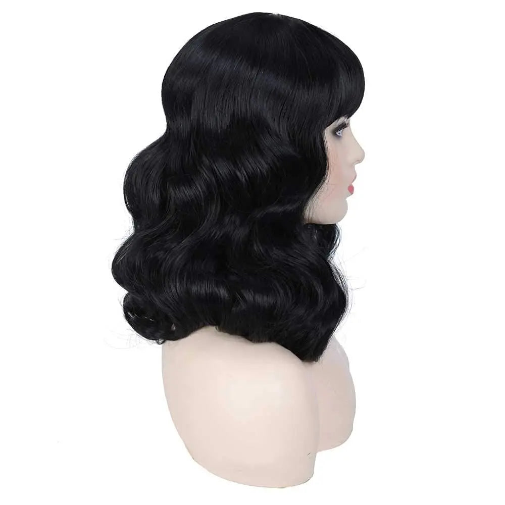 Tereshar Synthetic Rockabilly Vintage Wigs for Women Short Black Wig with Bangs Heat Resistant Short Curly Bettie Page Wig