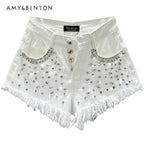 Pantalones cortos de mezclilla con incrustaciones de diamantes