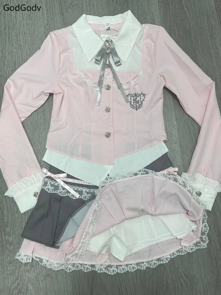 Bow Top + Lace Pleated Skirt