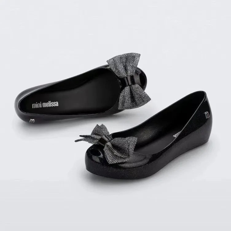 Glossy Square-Toe Jelly Flats with Sparkling Bow Accent
