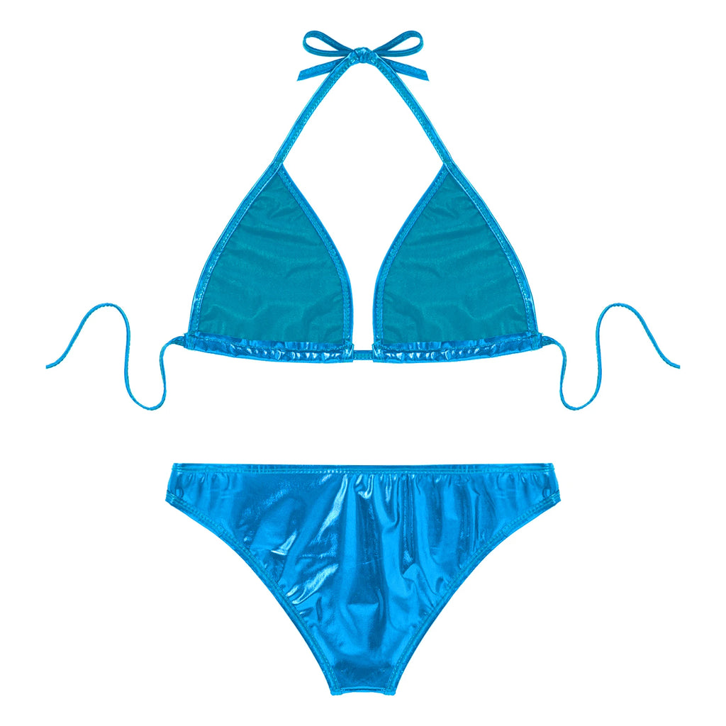 Traje de baño bikini metálico brillante para mujer, fiesta en la piscina, traje de baño, sujetador halter con cordones y bragas con aros, traje de baño bikini