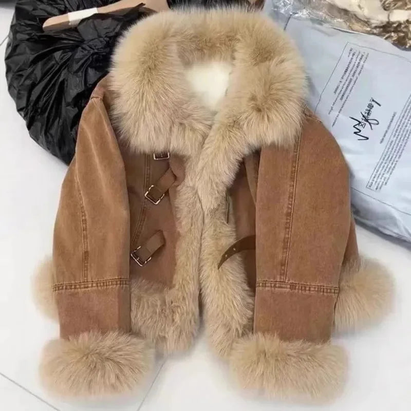 Abrigo de cuello polo de piel sintética para mujer, chaqueta de algodón, moda de otoño, color marrón francés, de felpa, extragrande, suelto y grueso, Top nuevo