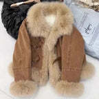 Abrigo de cuello polo de piel sintética para mujer, chaqueta de algodón, moda de otoño, color marrón francés, de felpa, extragrande, suelto y grueso, Top nuevo