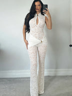 Metal Knot Patchwork Jacquard Ruched Waist Stretch Skinny Jumpsuit