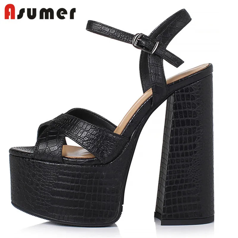 Croc-Embossed Leather Platform Block Heel Sandals