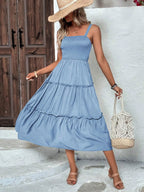 Vestido sin mangas fruncido en el busto y con dobladillo con volantes para mujer - Vestido de tirantes ajustado sexy de verano para fiestas y playa