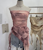 Tie-Dye Mesh Ruffle Edge Asymmetric Tube Top